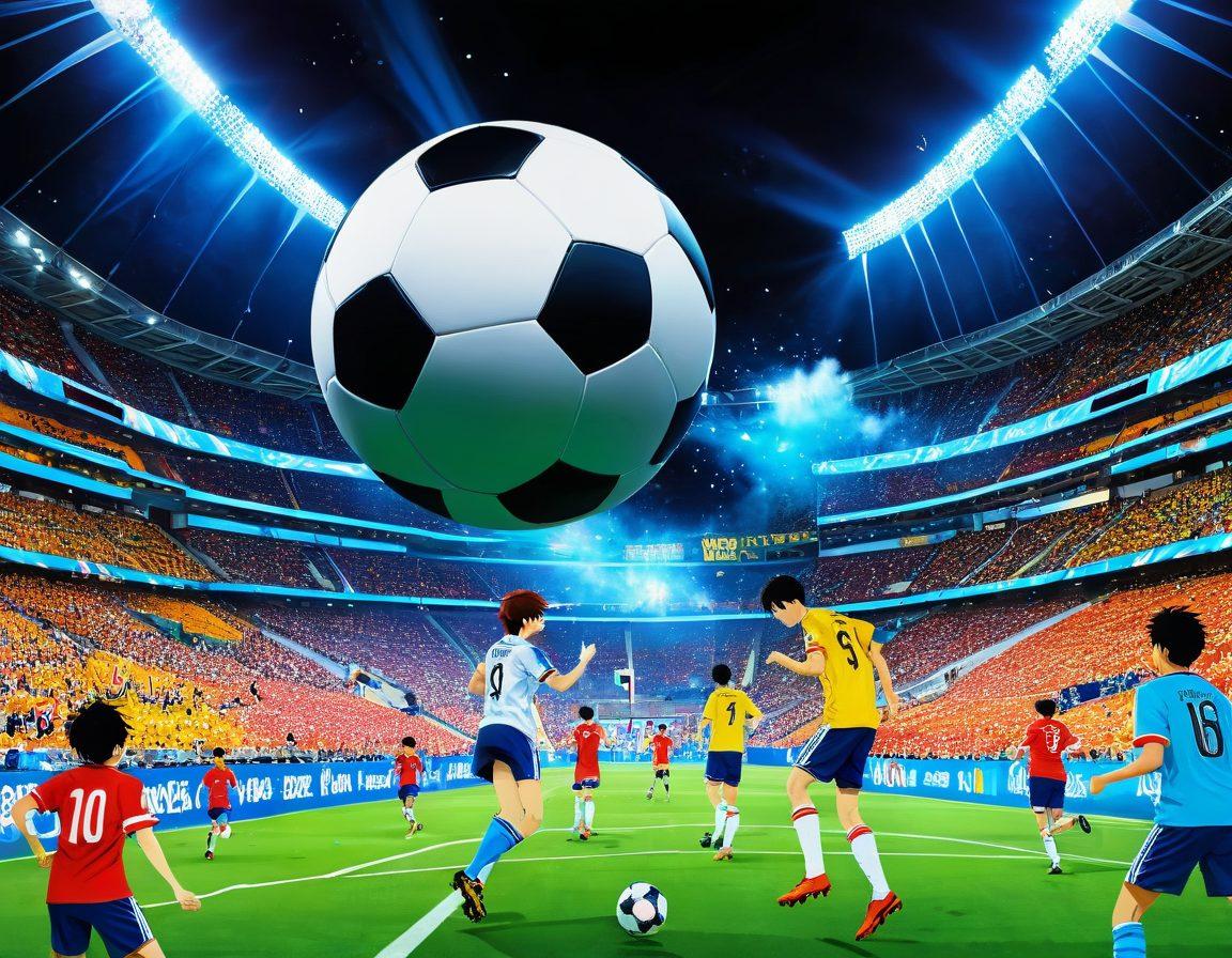 A vibrant scene depicting a surreal fusion of soccer and adult themes, featuring playful characters in anime style, engaged in an imaginative soccer game in a fantasy stadium. The background has colorful banners and cheering animated fans, while the characters showcase exaggerated expressions and poses, emphasizing a cheeky atmosphere. Bright colors and whimsical elements enhance the playful vibe. anime style. vibrant colors. dynamic composition.