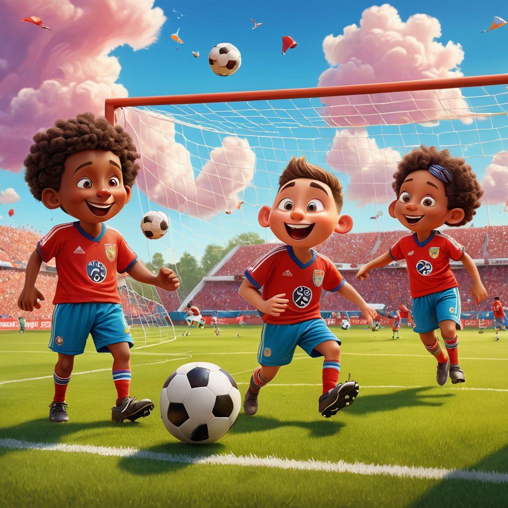 A whimsical and colorful illustration blending the worlds of soccer and adult entertainment, featuring playful characters in soccer jerseys with hints of cheeky elements, such as a goal post made of oversized, playful adult toys. The background should depict a vibrant soccer field under a sunny sky, with cartoon-style clouds and soccer balls floating whimsically. Add a playful tension in the expressions of the characters, emphasizing fun and mischief. vibrant colors. cartoon style.