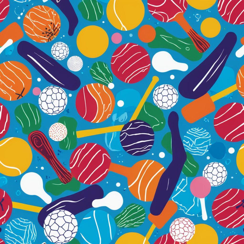 A whimsical illustration of adults comically engaging in various sports, with exaggerated facial expressions and playful antics. Include elements like a soccer player tripping over a large foam finger, a golfer missing the hole and hitting a friend with a golf ball, and a swimmer in a humorous floatie. The background should be filled with colorful sports equipment and cartoonish laughter bubbles. vibrant colors. cartoon style.